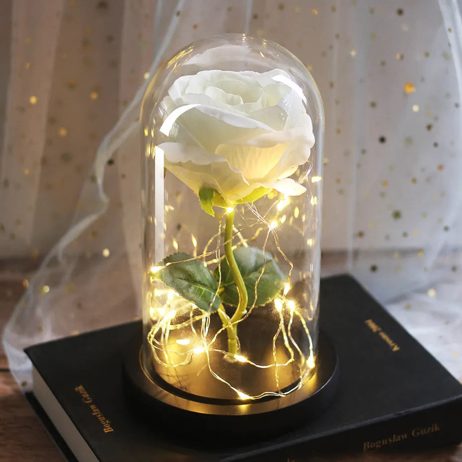 Luminous LED rose ornament with glass cover and silk flannel flowers in gift box