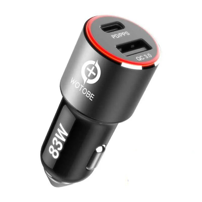 Dual-port 83W fast car charger for laptops and phones with USB-C PD and QC3.0 ports.