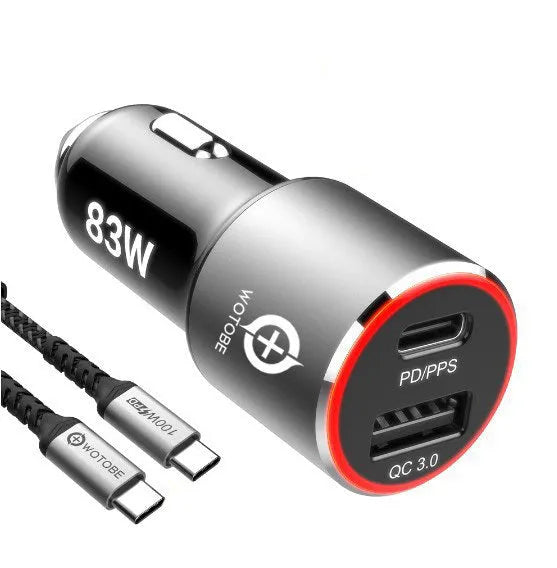 Dual-port 83W fast car charger for laptops and phones with USB-C PD and QC3.0 ports.