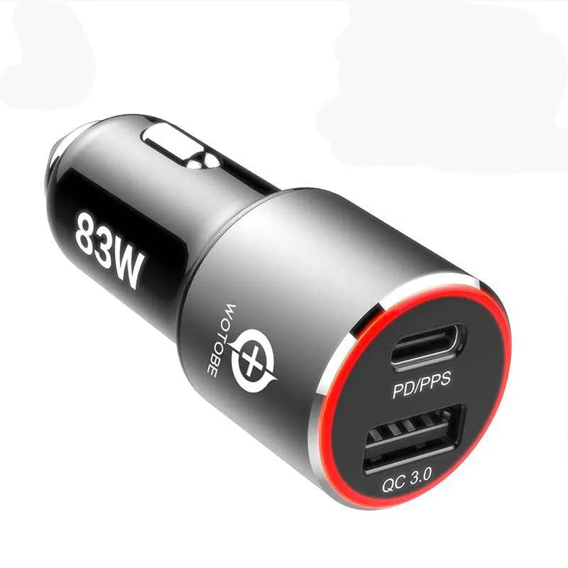 Dual-port 83W fast car charger for laptops and phones with USB-C PD and QC3.0 ports.