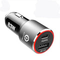 Dual-port 83W fast car charger for laptops and phones with USB-C PD and QC3.0 ports.