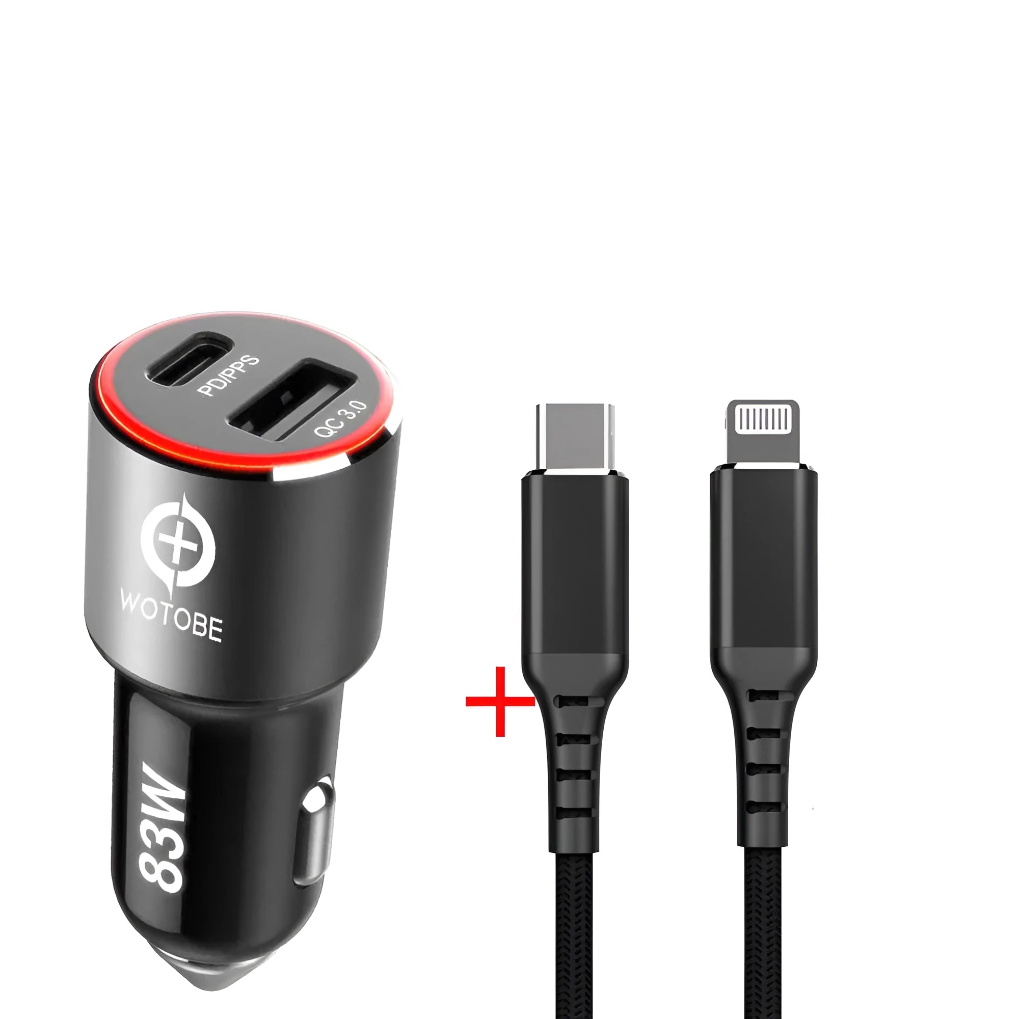 Dual-port 83W fast car charger for laptops and phones with USB-C PD and QC3.0 ports.