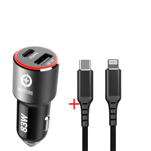Dual-port 83W fast car charger for laptops and phones with USB-C PD and QC3.0 ports.