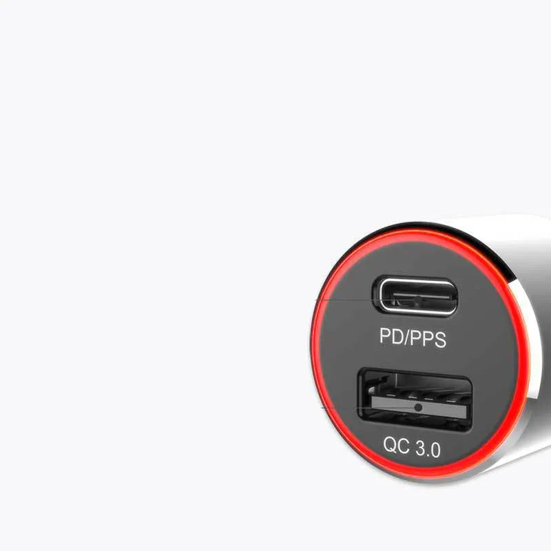 Dual-port 83W fast car charger for laptops and phones with USB-C PD and QC3.0 ports.