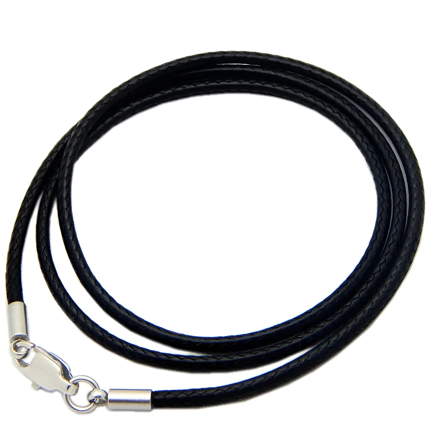 Black wax rope necklace cord with stainless steel buckle for pendants, showing adjustable length feature