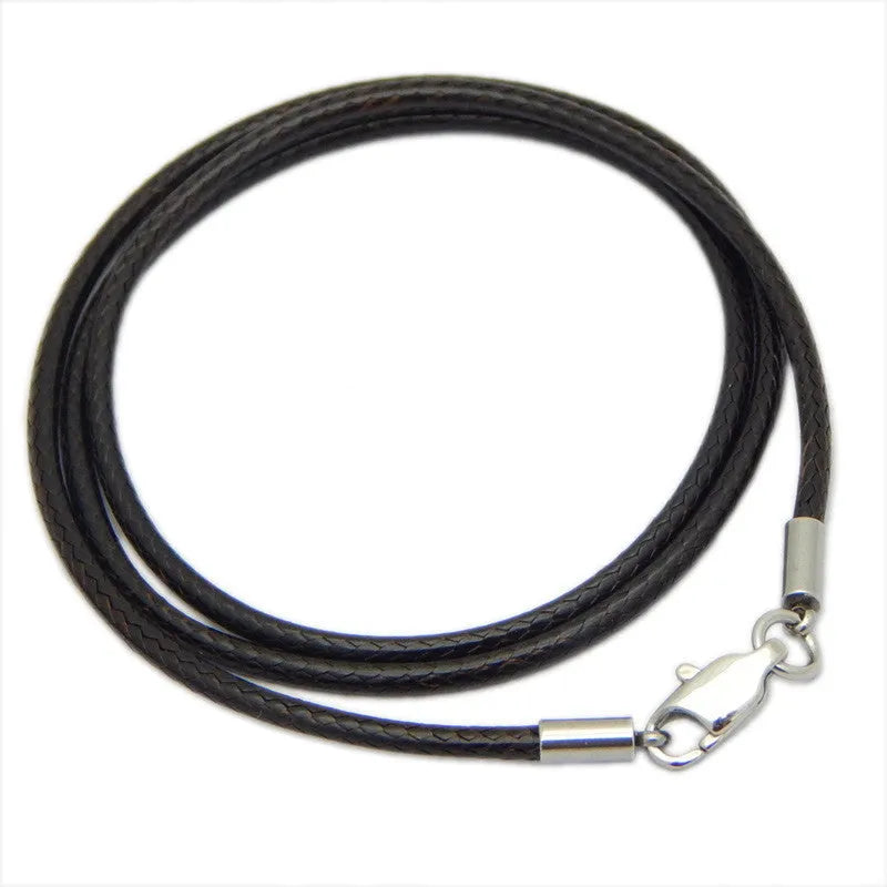 Black wax rope necklace cord with stainless steel buckle for pendants, showing adjustable length feature