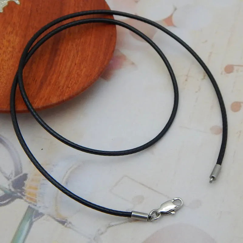 Black wax rope necklace cord with stainless steel buckle for pendants, showing adjustable length feature