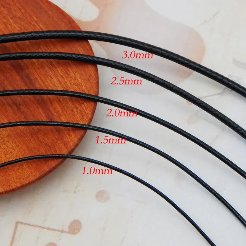 Black wax rope necklace cord with stainless steel buckle for pendants, showing adjustable length feature