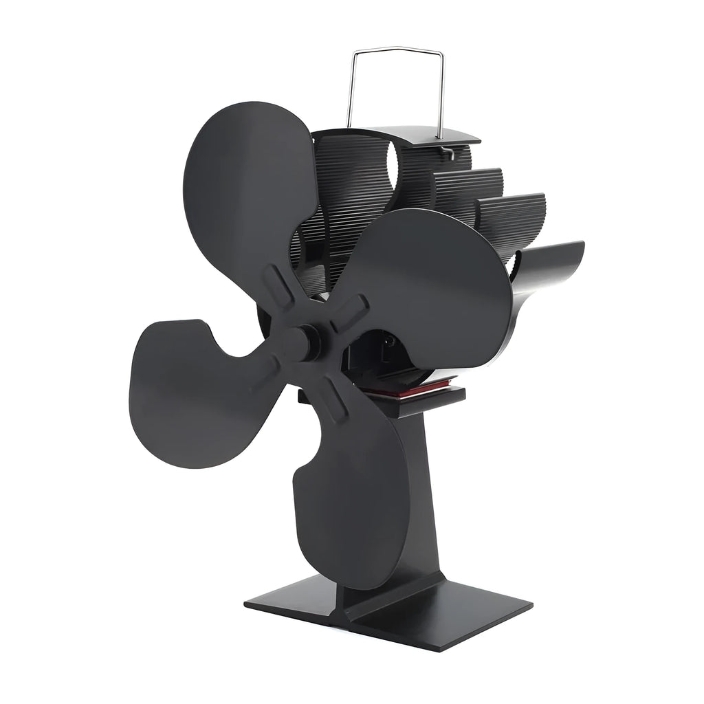 Black Yotsuba style thermodynamic fireplace fan sitting on a hearth.