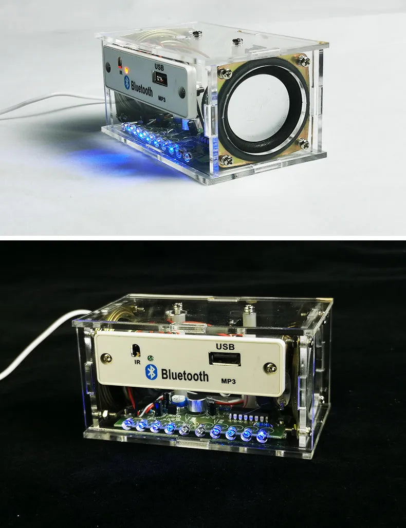 Bluetooth speaker DIY assembly kit with electronic components and transparent plastic shell