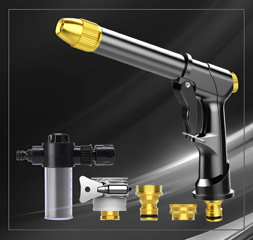 Aluminium alloy telescopic garden hose with multi-spray water gun and foam pot attachment on grass.