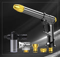 Aluminium alloy telescopic garden hose with multi-spray water gun and foam pot attachment on grass.