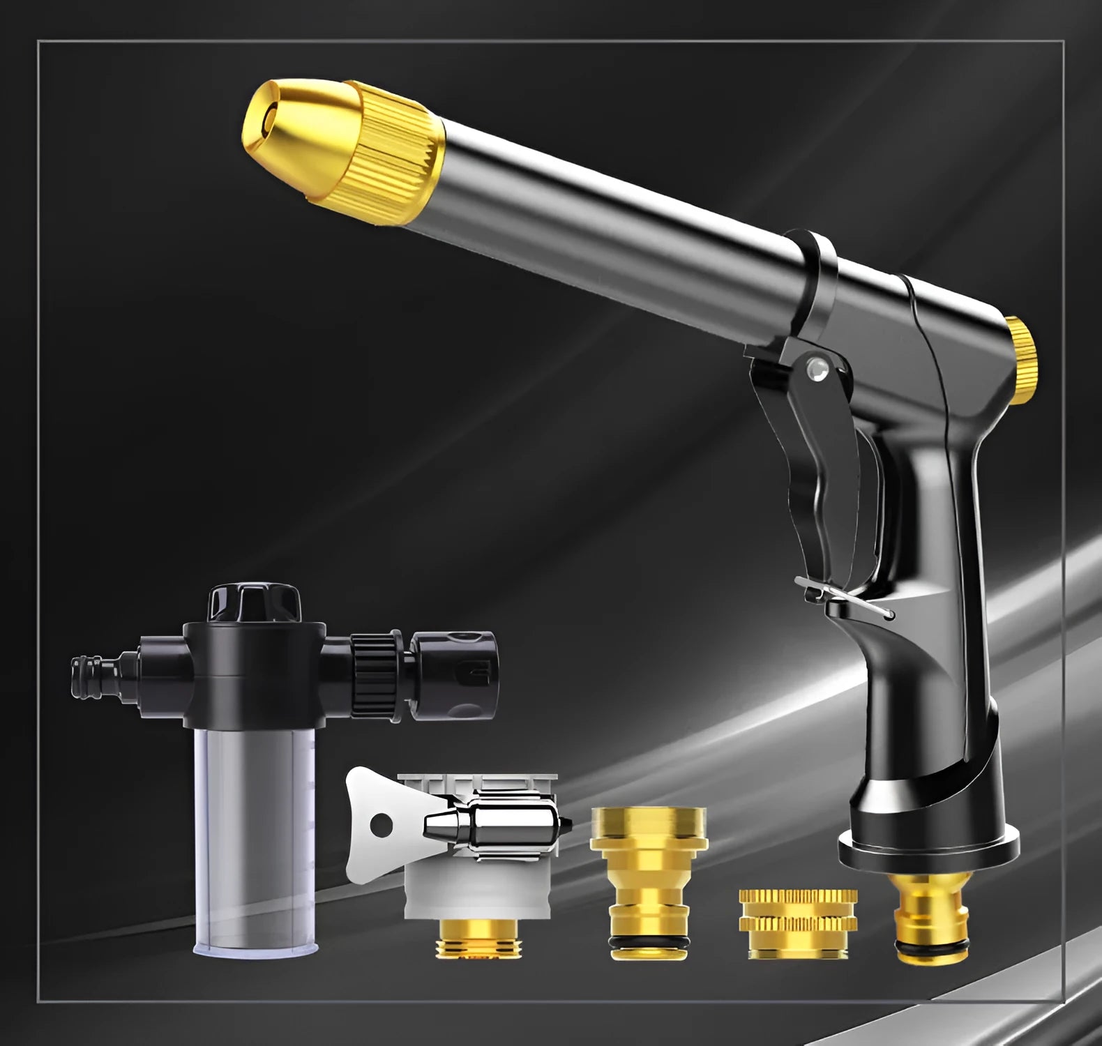 Aluminium alloy telescopic garden hose with multi-spray water gun and foam pot attachment on grass.