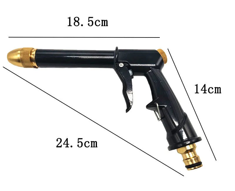 Aluminium alloy telescopic garden hose with multi-spray water gun and foam pot attachment on grass.