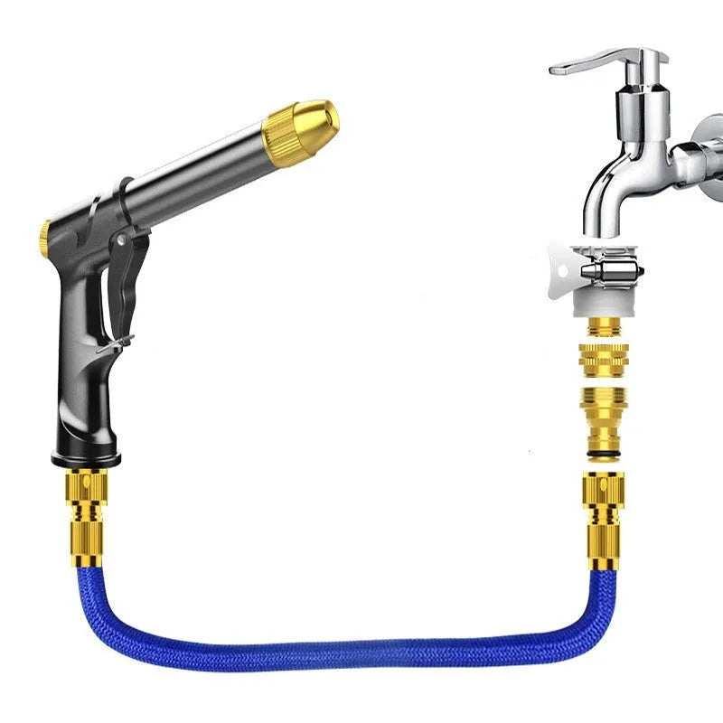 Aluminium alloy telescopic garden hose with multi-spray water gun and foam pot attachment on grass.