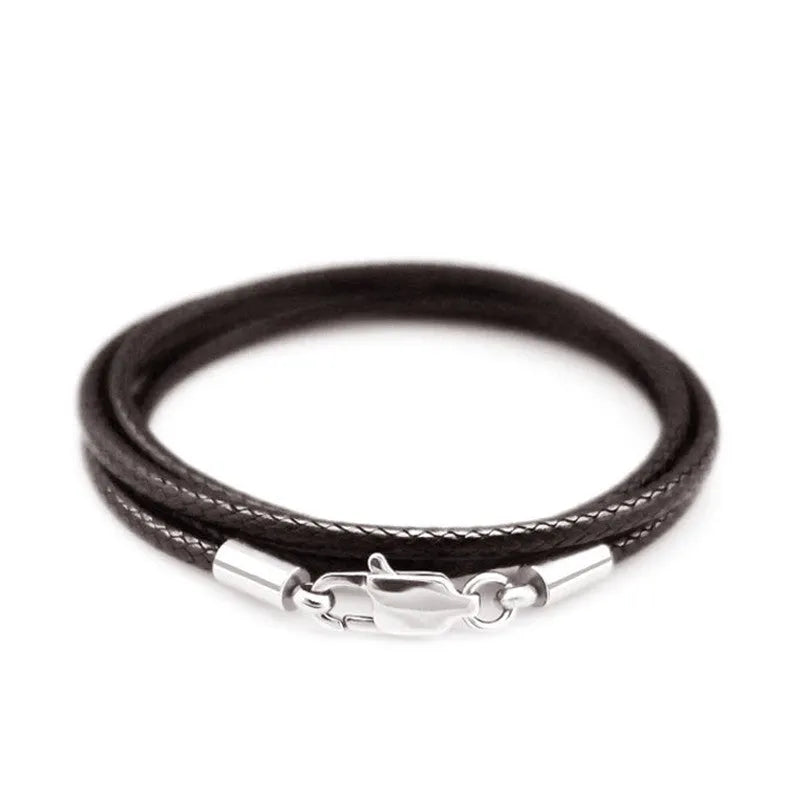 Black wax rope necklace cord with stainless steel buckle for pendants, showing adjustable length feature