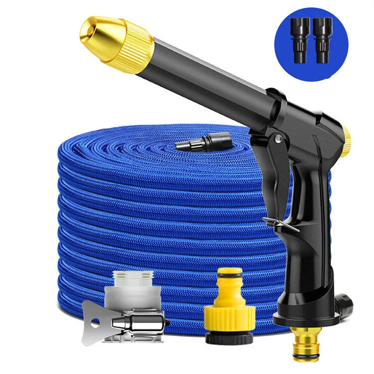 Aluminium alloy telescopic garden hose with multi-spray water gun and foam pot attachment on grass.