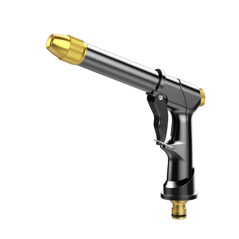Aluminium alloy telescopic garden hose with multi-spray water gun and foam pot attachment on grass.