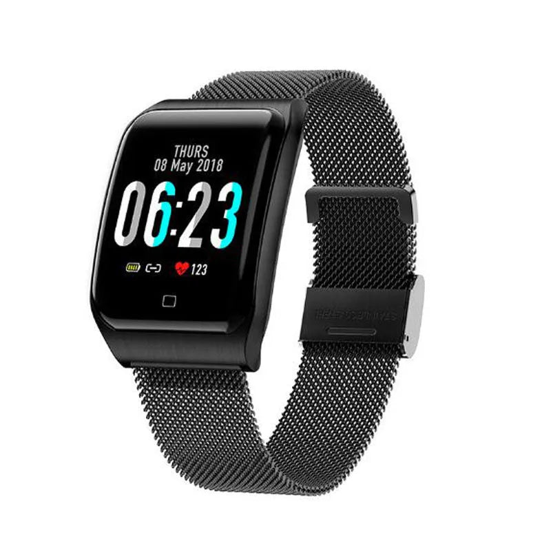 F9 smart bracelet with metal strap and colour display showing fitness metrics