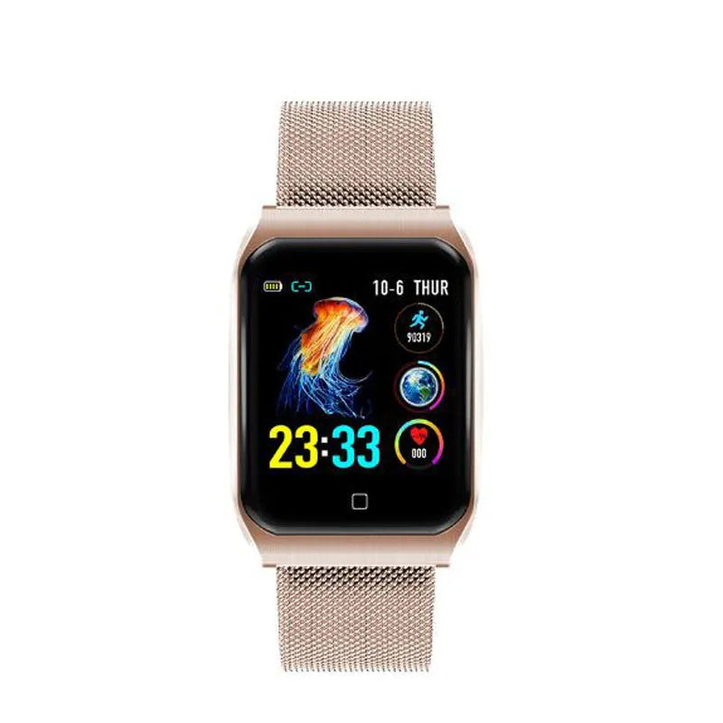 F9 smart bracelet with metal strap and colour display showing fitness metrics