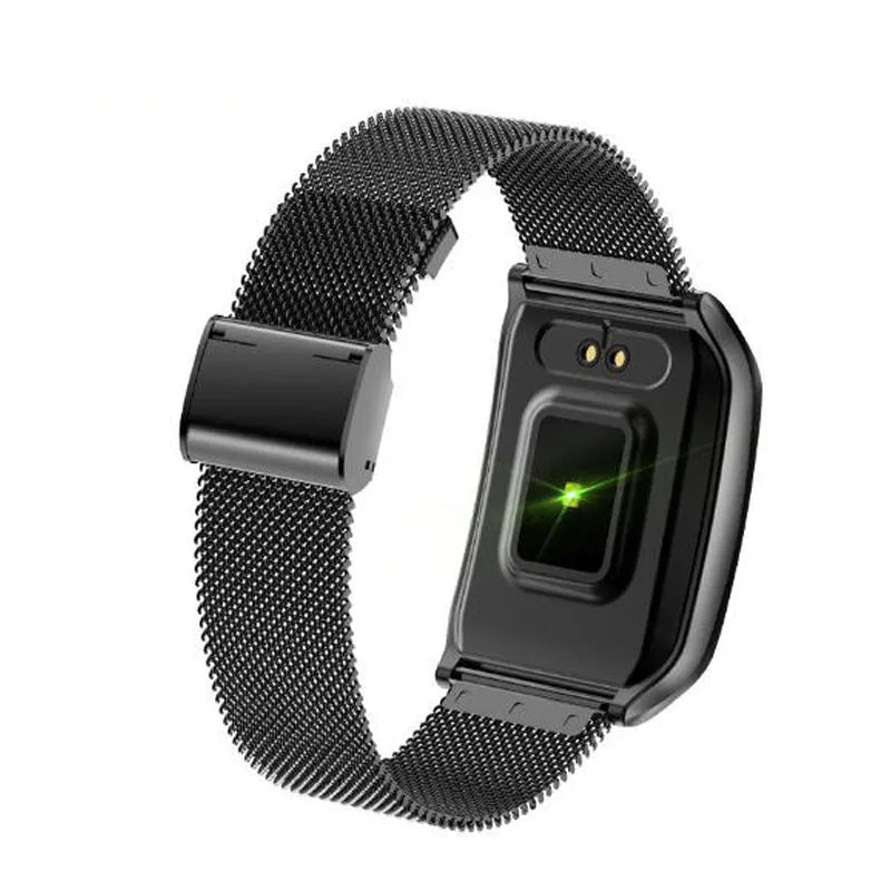 F9 smart bracelet with metal strap and colour display showing fitness metrics