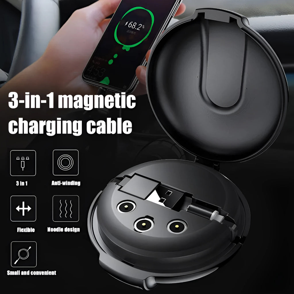 Black 3-in-1 magnetic retractable style charger with car mounting patch and three phone plugs