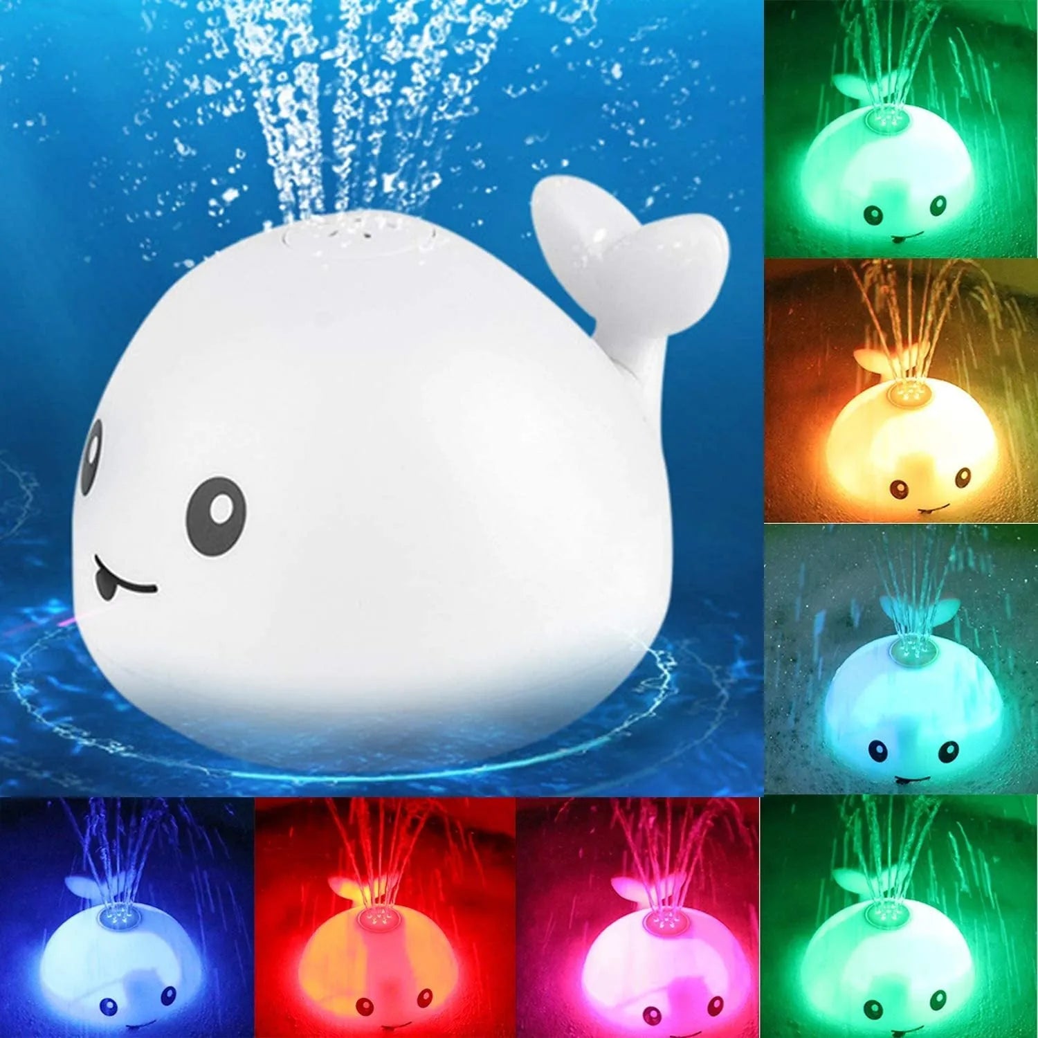 Automatic water spray whale bath toy with LED lights for baby sensory play