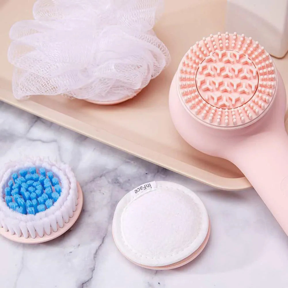 Grey Inface CB-11D electric shower brush with four rotating brush heads for back cleaning and massage.