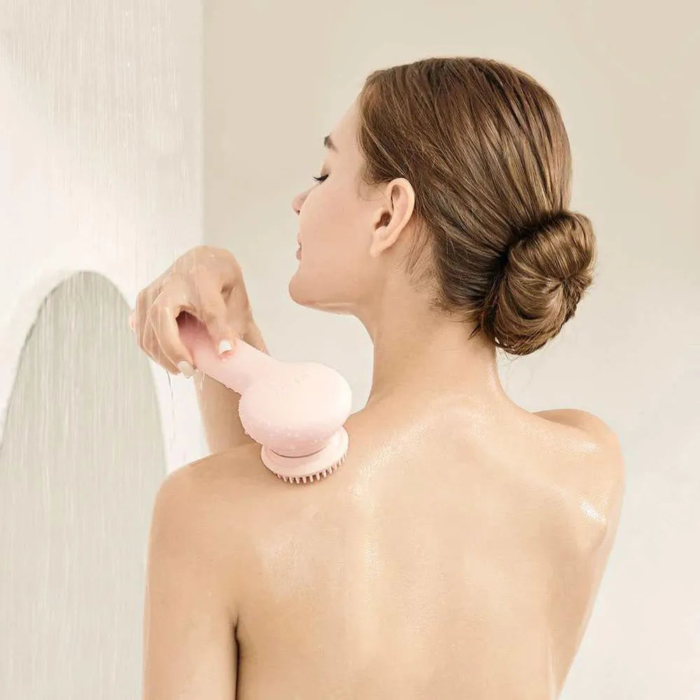 Grey Inface CB-11D electric shower brush with four rotating brush heads for back cleaning and massage.