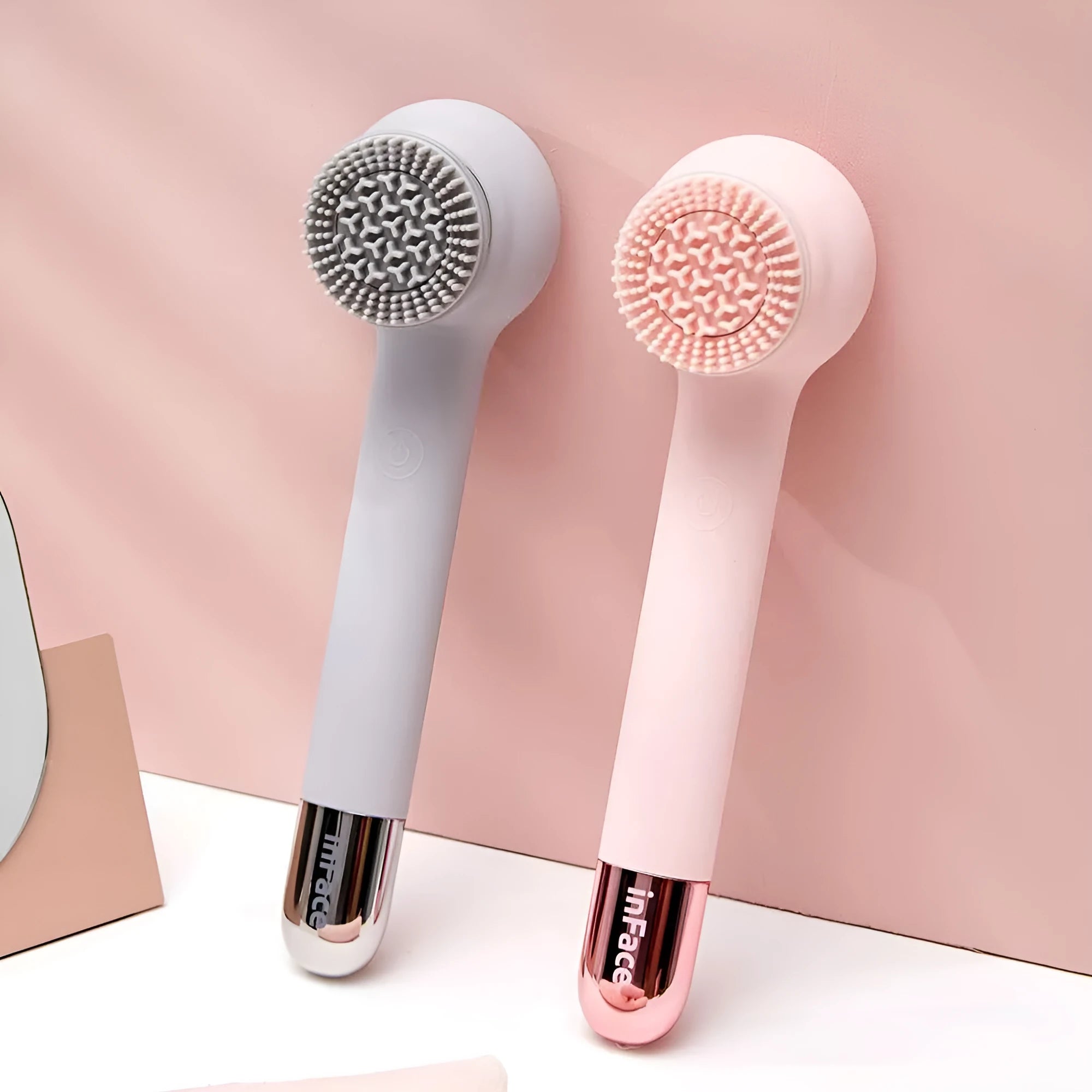 Grey Inface CB-11D electric shower brush with four rotating brush heads for back cleaning and massage.