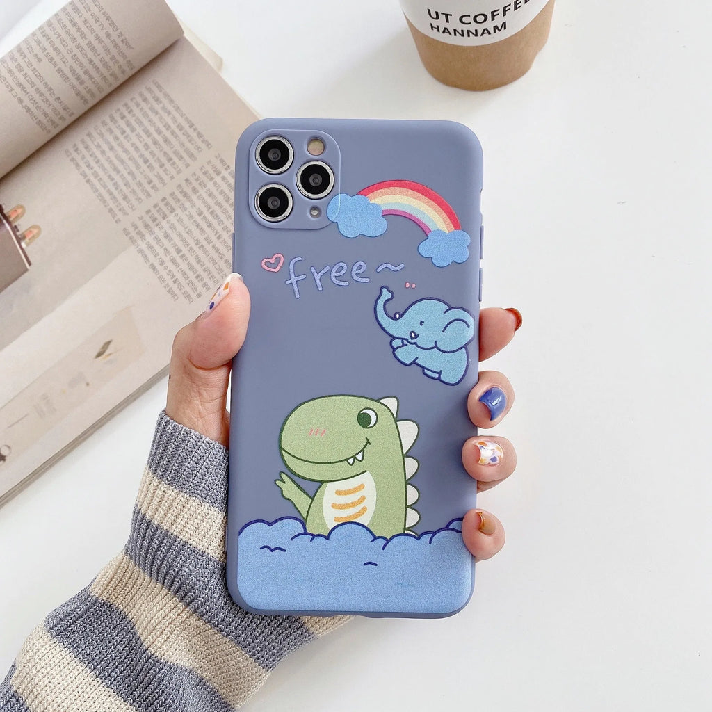 Blue TPU iPhone case with printed dinosaur cartoon design shown on iPhone 12 mini