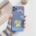 Blue TPU iPhone case with printed dinosaur cartoon design shown on iPhone 12 mini