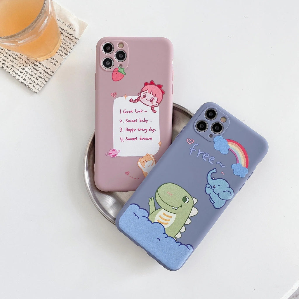 Blue TPU iPhone case with printed dinosaur cartoon design shown on iPhone 12 mini