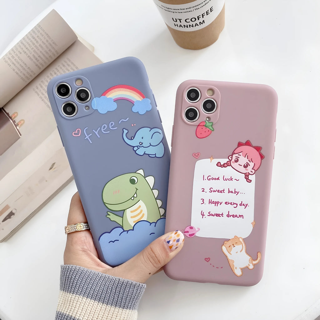 Blue TPU iPhone case with printed dinosaur cartoon design shown on iPhone 12 mini