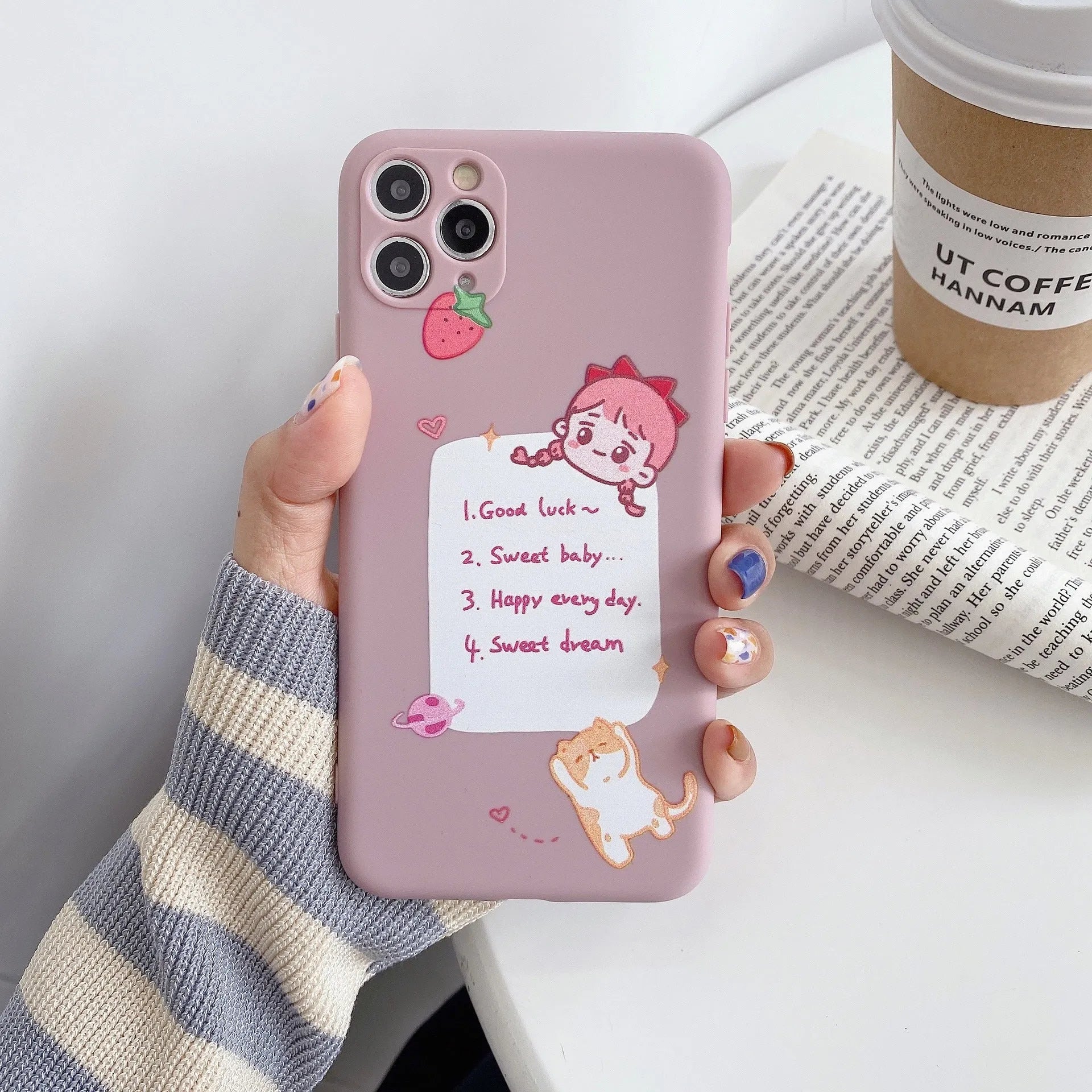 Blue TPU iPhone case with printed dinosaur cartoon design shown on iPhone 12 mini