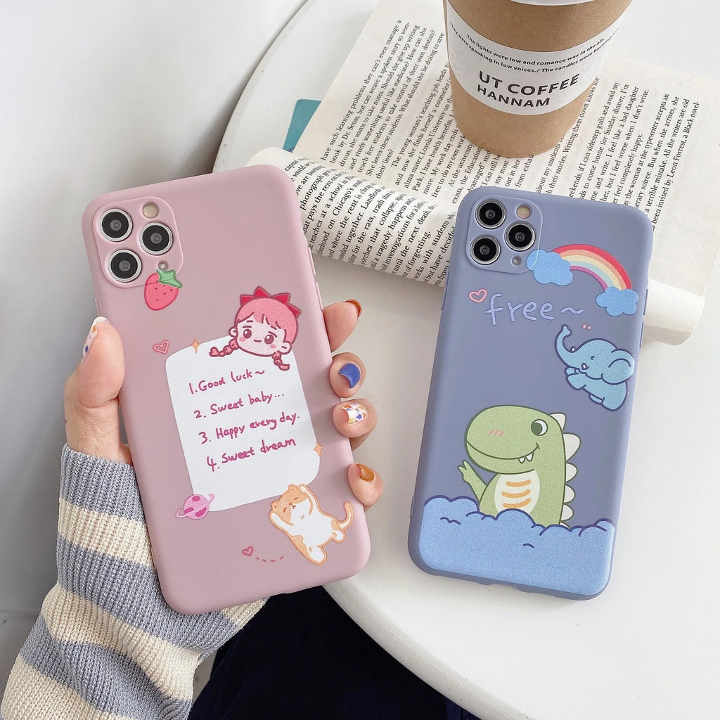 Blue TPU iPhone case with printed dinosaur cartoon design shown on iPhone 12 mini