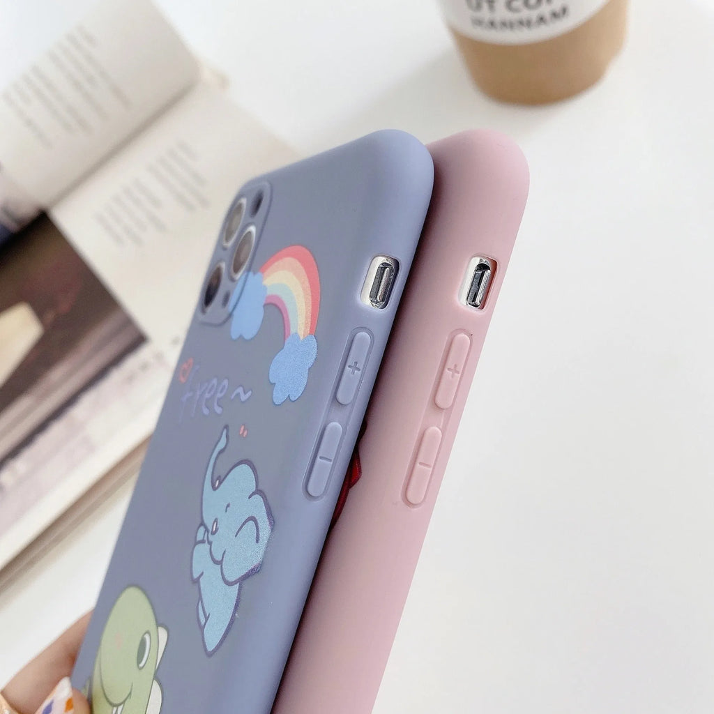 Blue TPU iPhone case with printed dinosaur cartoon design shown on iPhone 12 mini