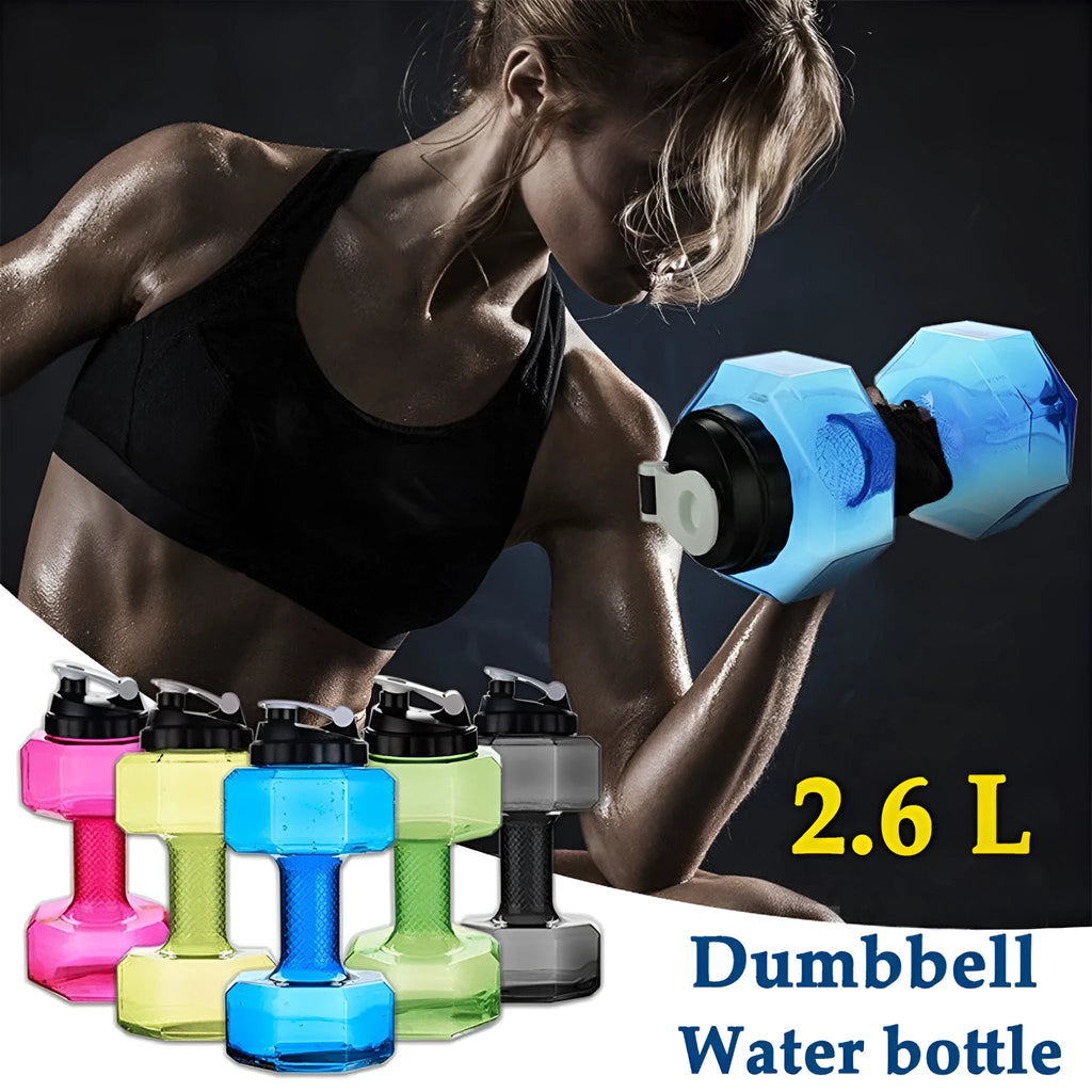 Fitness dumbbell cup sports water bottle in black, 1500ml capacity, with push cap and handle