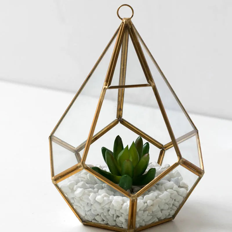 Metal and glass succulent bonsai home decoration in two style options for shelf display.