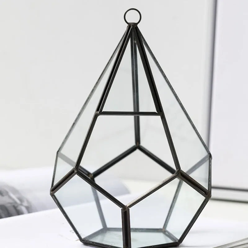 Metal and glass succulent bonsai home decoration in two style options for shelf display.