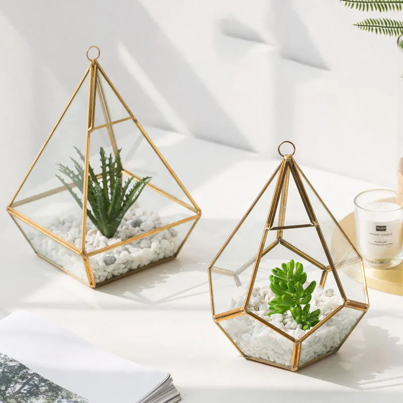 Metal and glass succulent bonsai home decoration in two style options for shelf display.