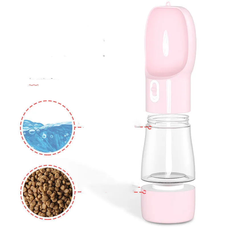 Portable grey dog water bottle with leash clip for walking pets outdoors.