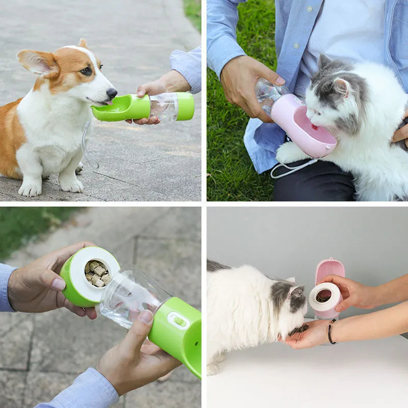 Portable grey dog water bottle with leash clip for walking pets outdoors.