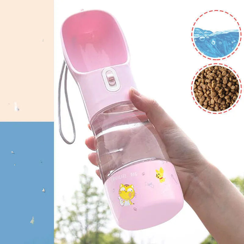 Portable grey dog water bottle with leash clip for walking pets outdoors.