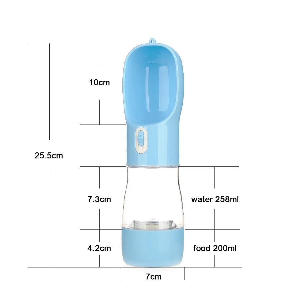 Portable grey dog water bottle with leash clip for walking pets outdoors.