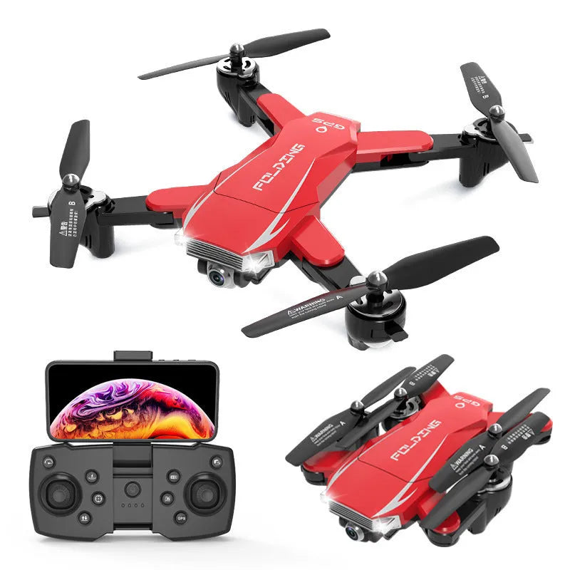 Black and red folding quadrocopter children's toy with 4K camera on a grassy field.
