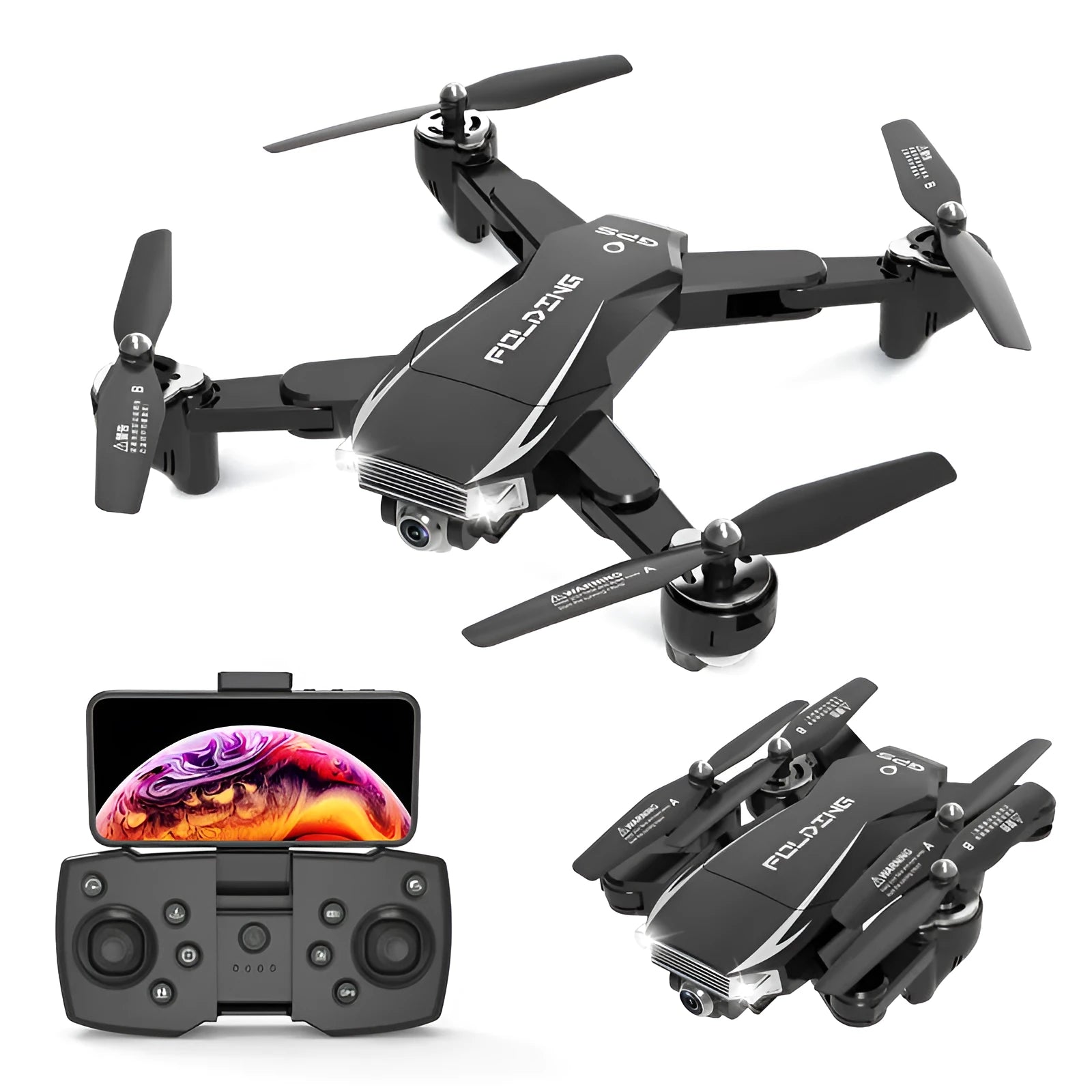 Black and red folding quadrocopter children's toy with 4K camera on a grassy field.