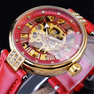 Automatic mechanical ladies watch with 35mm round alloy case and genuine leather strap, luminous dial showing 24-hour indication