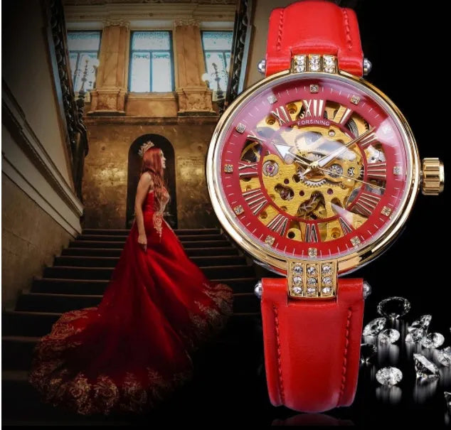 Automatic mechanical ladies watch with 35mm round alloy case and genuine leather strap, luminous dial showing 24-hour indication