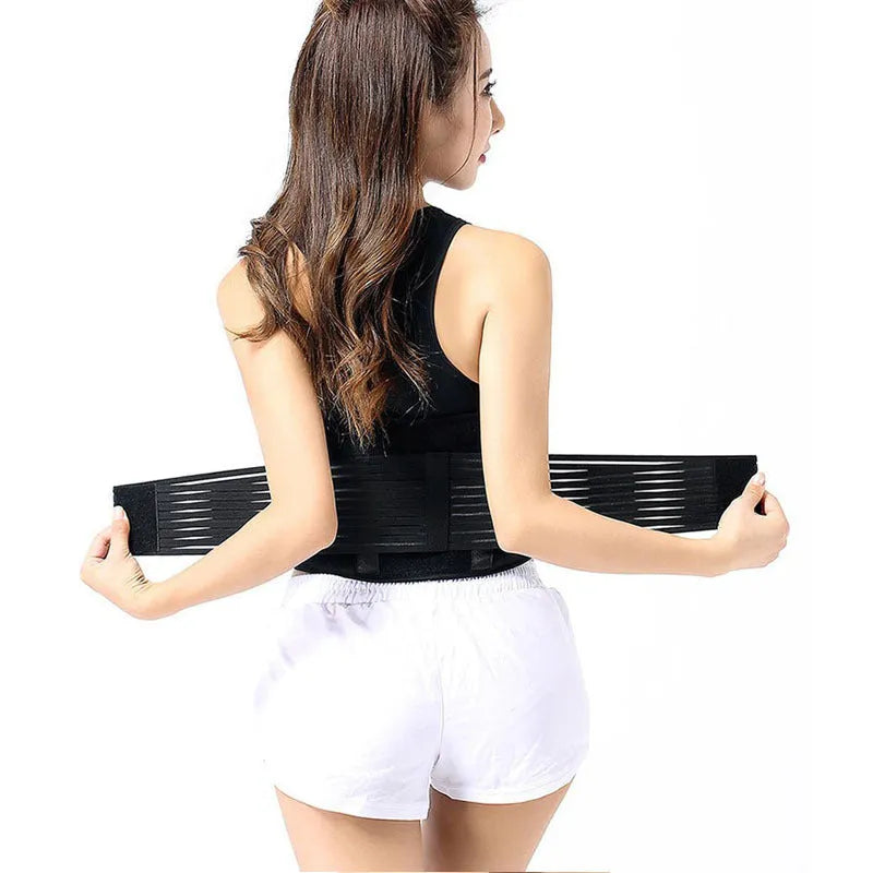 Black self-heating magnetic waist protection belt laid flat, showing its elastic cloth material and fastener.